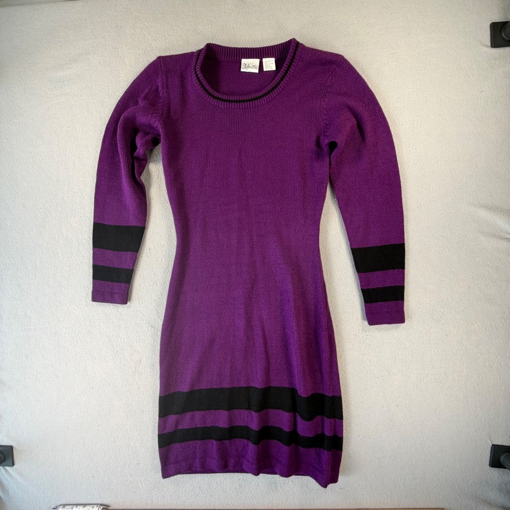 Sweater Dress Womens XS Purple Black Stripe 90s Mod Fitted Mini Long Sleeve Knit